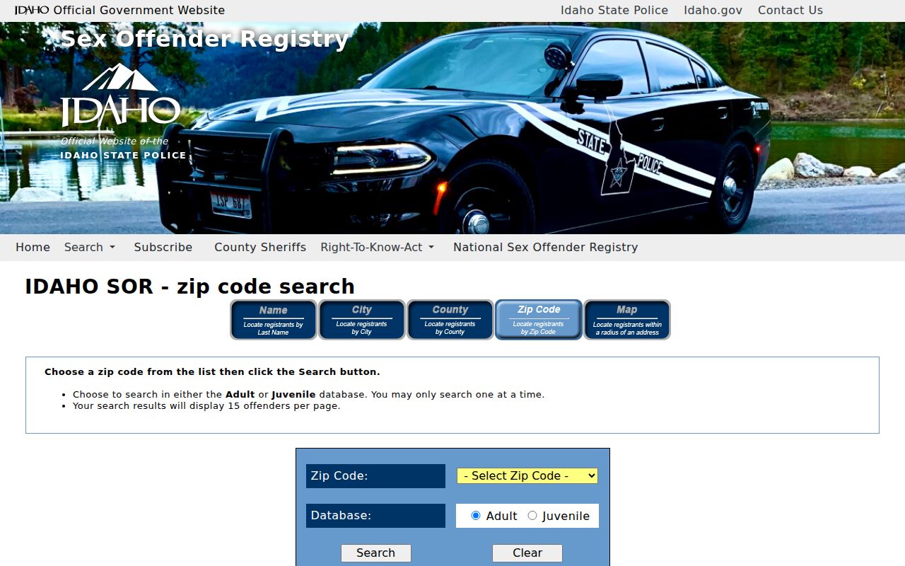Idaho State Police public registry search used for a Nampa resident lookup